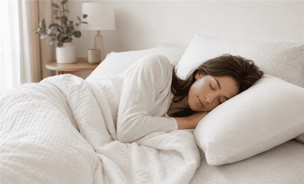 Young woman sleeping on her side, resting comfortably on a white bed with soft bedding.